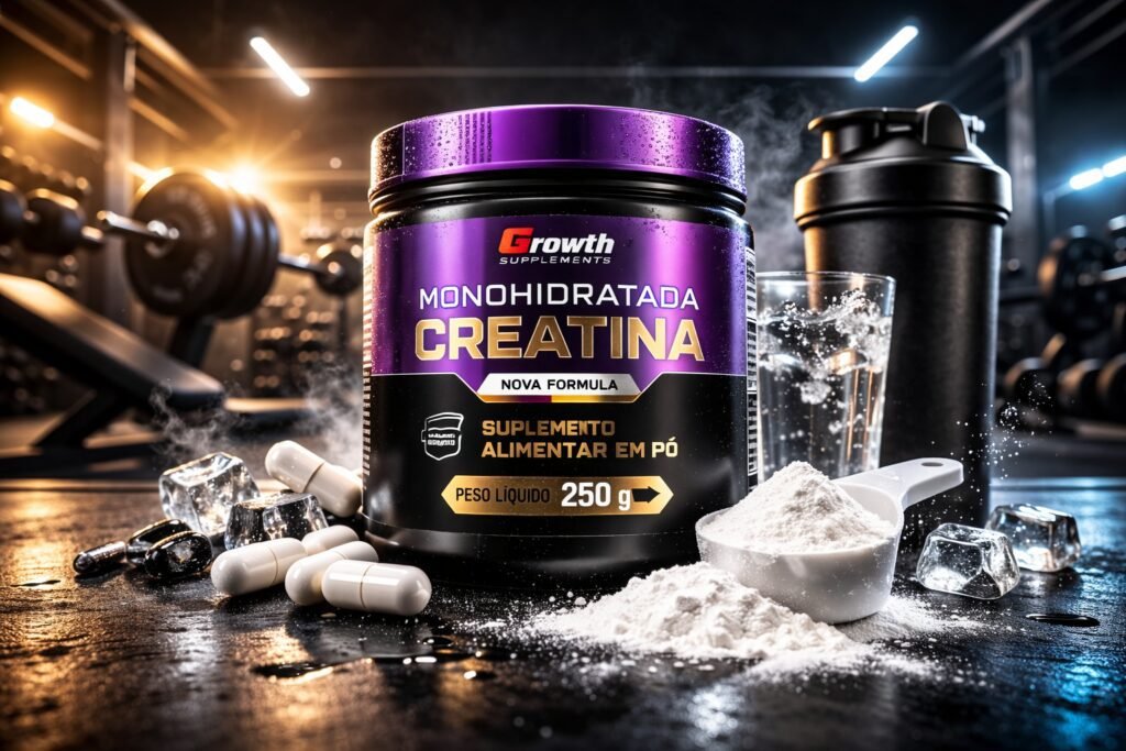 Creatina Growth é Boa? Análise Completa da Creatina Monohidratada Growth Supplements em 2026 Pote de Creatina Growth monohidratada com scoop de pó ao lado em ambiente de academia, ilustrando análise sobre Creatina Growth é boa.
