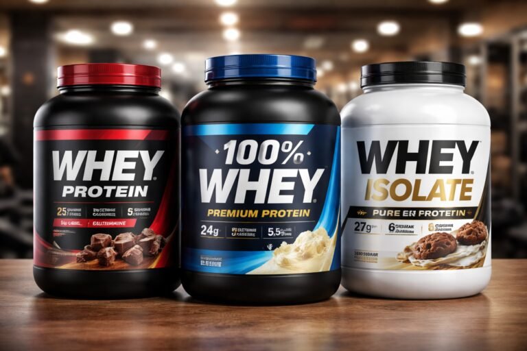 Melhor Whey Bom e Barato com três potes de whey protein diferentes lado a lado