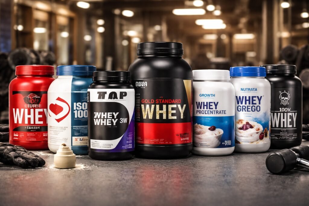 Qual a Melhor Marca de Whey Protein em 2026? Ranking das 13 Mais Confiáveis Qual a Melhor Marca de Whey Protein – potes das principais marcas de whey protein alinhados sobre bancada de academia.