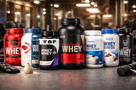 Qual a Melhor Marca de Whey Protein em 2026? Ranking das 13 Mais Confiáveis Qual a Melhor Marca de Whey Protein – potes das principais marcas de whey protein alinhados sobre bancada de academia.