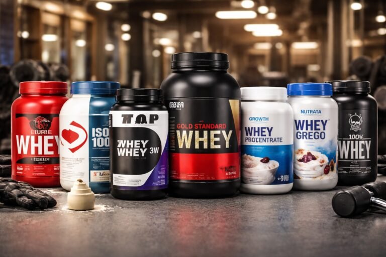 Qual a Melhor Marca de Whey Protein em 2026? Ranking das 13 Mais Confiáveis Qual a Melhor Marca de Whey Protein – potes das principais marcas de whey protein alinhados sobre bancada de academia.