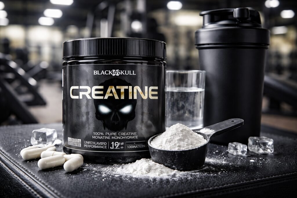 Creatina Black Skull é Boa? Análise Completa das 4 Principais Versões em 2026 Pote de Creatina Black Skull sobre bancada de academia com scoop de pó ao lado, ilustrando análise sobre Creatina Black Skull é boa.