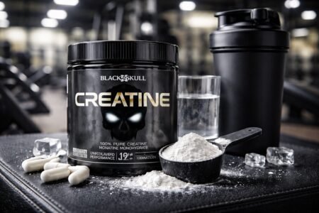 Creatina Black Skull é Boa? Análise Completa das 4 Principais Versões em 2026 Pote de Creatina Black Skull sobre bancada de academia com scoop de pó ao lado, ilustrando análise sobre Creatina Black Skull é boa.