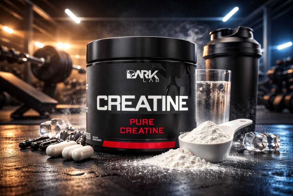 Pote de Creatina Dark Lab Pure Creatine em destaque sobre bancada de academia com scoop de pó ao lado, ilustrando análise sobre Creatina Dark Lab é boa.