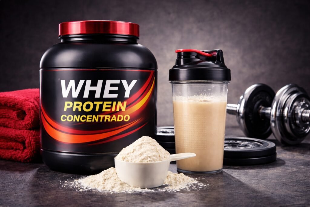 Melhor Whey Protein Concentrado em 2026: Ranking Atualizado dos 10 Melhores Whey protein concentrado em pote com scoop de suplemento e shake proteico ao lado, imagem horizontal para artigo fitness