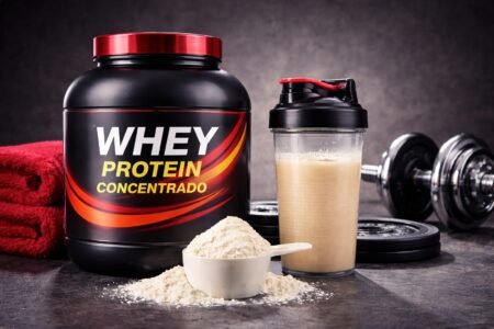 Melhor Whey Protein Concentrado em 2026: Ranking Atualizado dos 10 Melhores Whey protein concentrado em pote com scoop de suplemento e shake proteico ao lado, imagem horizontal para artigo fitness