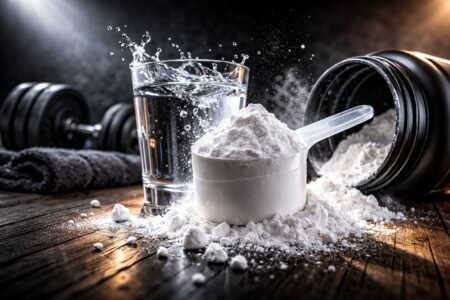 Melhor creatina em pó com scoop cheio ao lado de copo com água e halteres ao fundo