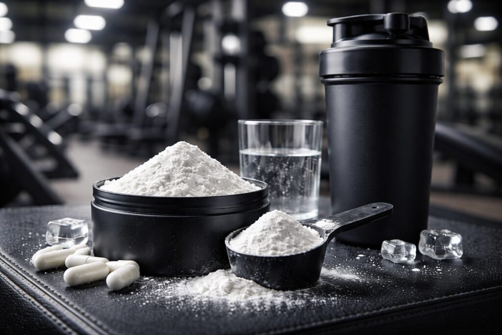 Pote aberto de creatina monohidratada com scoop cheio sobre banco de academia, representando a melhor creatina monohidratada para desempenho e ganho de força.