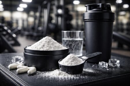 Melhor Creatina Monohidratada: 10 Opções Confiáveis em 2026 Pote aberto de creatina monohidratada com scoop cheio sobre banco de academia, representando a melhor creatina monohidratada para desempenho e ganho de força.