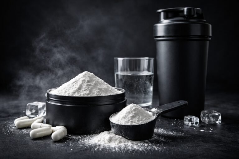 Pote de suplemento com pó branco e scoop ao lado representando a melhor creatina para ganhar massa muscular em ambiente escuro e profissional.