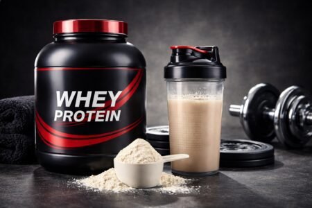 Melhor Whey Protein em 2026: ranking completo e como escolher o melhor whey protein para ganhar massa muscular Melhor whey protein em pote com shake e scoop ao lado, imagem horizontal para conteúdo fitness