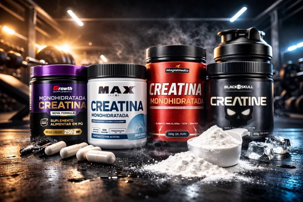 Potes de diferentes marcas de creatina monohidratada alinhados em bancada de academia com scoop de pó ao lado, representando as melhores marcas de creatina.
