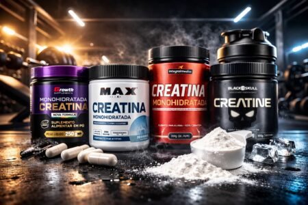 Melhores marcas de creatina de 2026: ranking atualizado e análise detalhada Potes de diferentes marcas de creatina monohidratada alinhados em bancada de academia com scoop de pó ao lado, representando as melhores marcas de creatina.