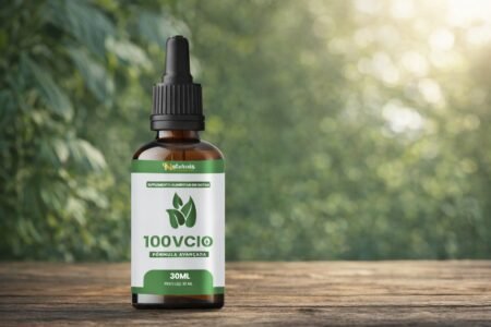 Suplemento alimentar 100VCIO fórmula avançada em gotas sobre mesa de madeira com fundo natural desfocado – 100vcio funciona