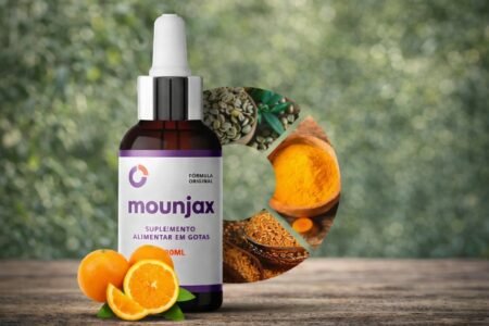 Frasco do suplemento alimentar em gotas Mounjax com laranjas e ingredientes naturais ao fundo – mounjax funciona