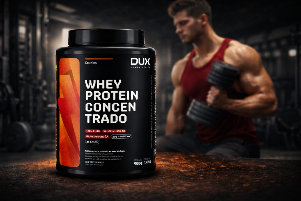 Whey Protein Dux é bom? Análise completa sobre qualidade, composição e custo-benefício Whey Protein Dux é bom? Pote de whey protein concentrado Dux Human Health sabor cookies, embalagem preta de 900g em ambiente de academia.