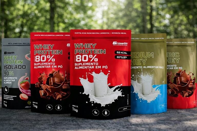 Whey Protein Growth: Guia Completo de Todas as Linhas em 2026 Whey Protein Growth suplemento proteico em pó embalagem 1kg sabor chocolate