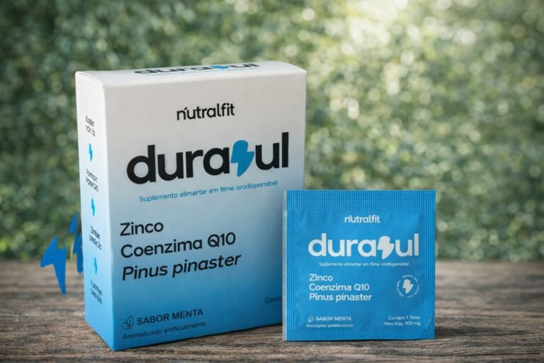 Durazul funciona mesmo? Veja se vale a pena e para quem ele realmente é indicado Suplemento Durazul da Nutralfit com caixa e sachê em fundo natural desfocado – durasul funciona