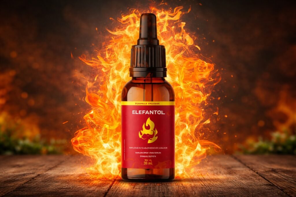 Elefantol funciona? Frasco do suplemento Elefantol com rótulo vermelho e fundo em chamas em imagem horizontal