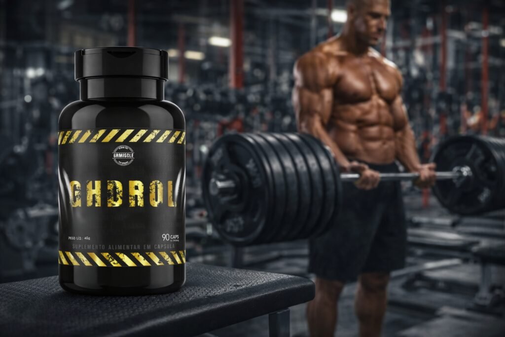 GHDROL funciona suplemento para ganho de força e massa muscular em frasco preto em ambiente de academia com atleta levantando peso ao fundo