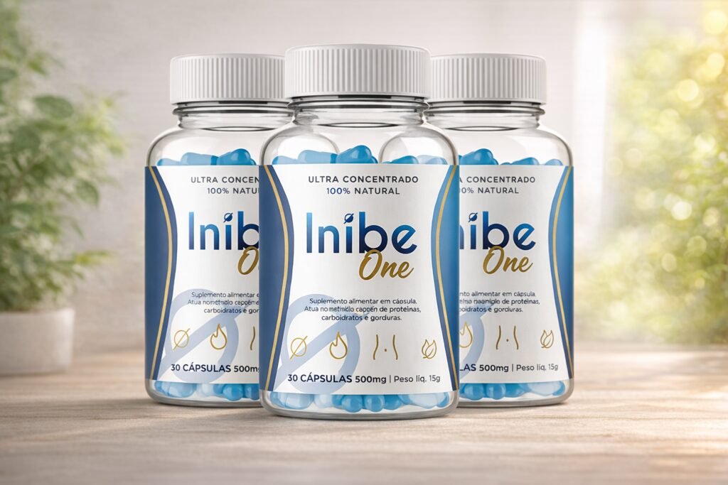 Inibe One funciona? Frascos do suplemento Inibe One com cápsulas azuis em imagem promocional