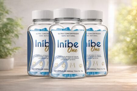 Inibe One funciona? Frascos do suplemento Inibe One com cápsulas azuis em imagem promocional