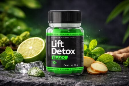 Lift Detox Black funciona? Frasco do suplemento Lift Detox Black para emagrecimento e detox com fundo natural e ingredientes como limão, gengibre e hortelã. Descrição da imagem: