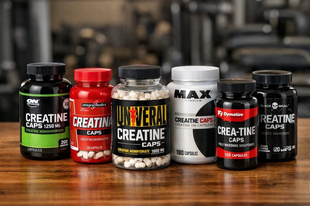 Melhor Creatina em Cápsulas: 7 Opções Práticas para Suplementação em 2026 melhor creatina em cápsulas com vários potes de marcas conhecidas de suplementos alinhados sobre uma mesa em ambiente de academia
