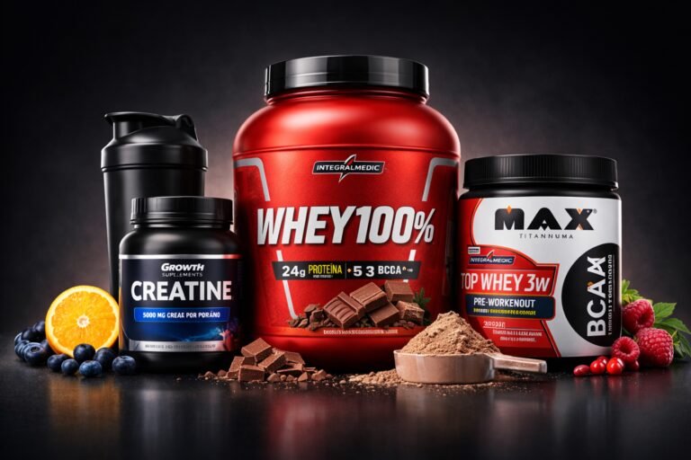 Melhor marca de suplemento com whey protein, creatina e BCAA de marcas conhecidas como Growth, Integralmédica e Max Titanium.