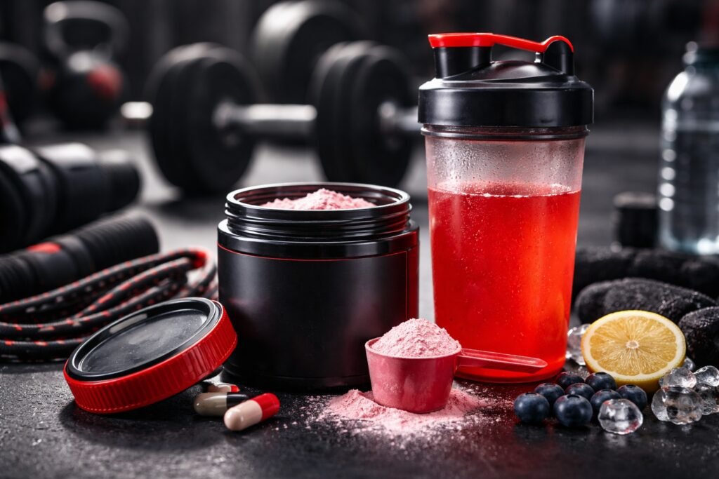 Melhor Pré-Treino de 2026: Ranking Atualizado com os 11 Mais Potentes Pote de suplemento pré-treino aberto com pó rosa e shaker vermelho em ambiente de academia representando melhor pré-treino para academia