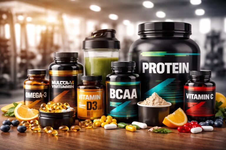 Melhores vitaminas para quem faz academia em 2026 organizadas sobre bancada com suplementos e ambiente de treino ao fundo, representando performance e recuperação muscular.