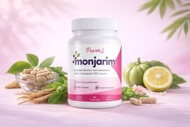 Suplemento natural Monjarim em frasco com cápsulas ao redor e ingredientes naturais, ilustrando como o monjarim funciona no apoio ao controle de peso e metabolismo.