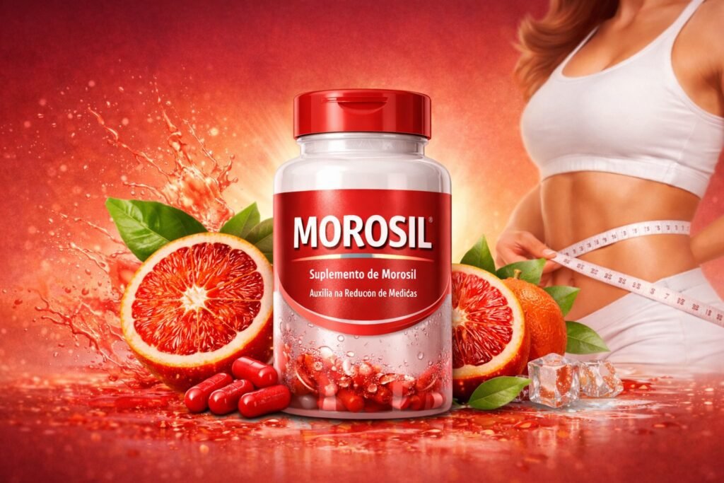 Morosil suplemento de laranja moro em cápsulas com frutas cítricas ao redor representando morosil para que serve no auxílio ao metabolismo e controle da gordura corporal.