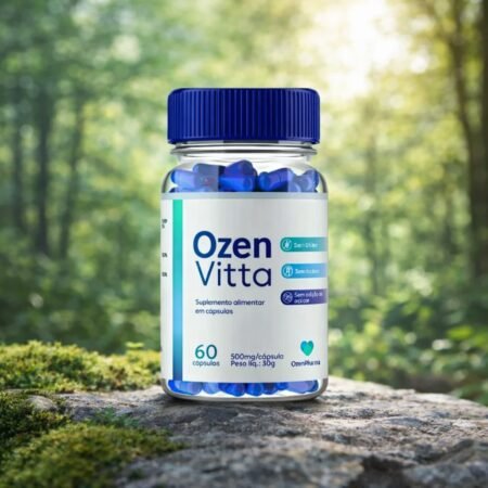 Ozenvitta funciona? Para que serve, composição, benefícios e análise do suplemento Ozenvitta funciona? Frasco do suplemento Ozen Vitta com cápsulas azuis usado como apoio ao emagrecimento e controle do apetite.