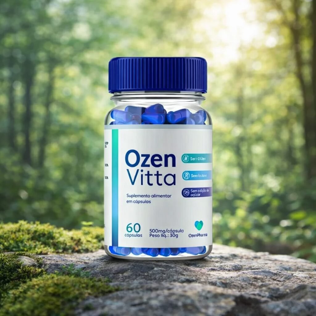 Ozenvitta funciona? Para que serve, composição, benefícios e análise do suplemento Ozenvitta funciona? Frasco do suplemento Ozen Vitta com cápsulas azuis usado como apoio ao emagrecimento e controle do apetite.