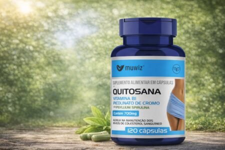 Quitosana para que serve: Benefícios, como tomar e se emagrece Quitosana para que serve: suplemento alimentar em cápsulas com psyllium, spirulina e picolinato de cromo em frasco azul.