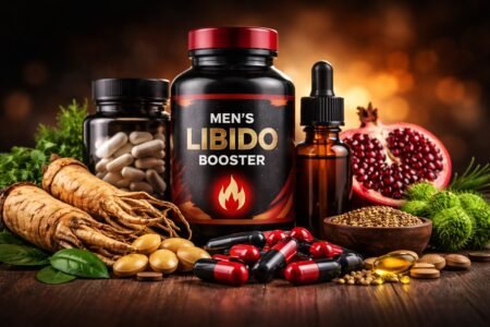 suplementos para libido masculina com cápsulas, extratos naturais e compostos usados para apoiar energia e saúde sexual masculina