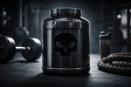Whey Protein Black Skull é bom? Whey protein Integralmédica é bom? Pote de suplemento proteico em destaque com fundo de academia desfocado.