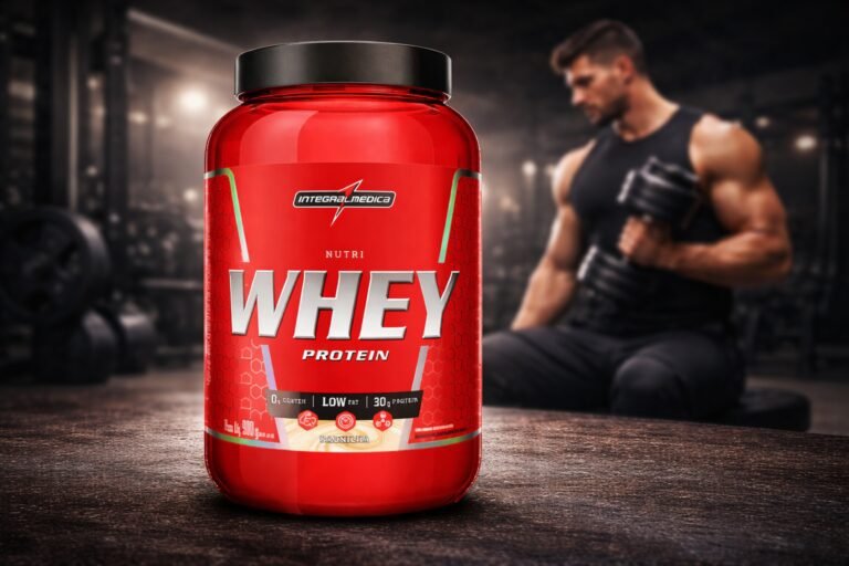 Whey Protein Integralmedica é bom? Pote vermelho Nutri Whey Protein Integralmédica 900g sabor baunilha em fundo de academia.