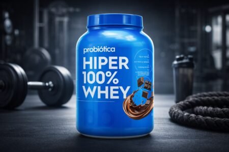 Whey Protein Probiótica: vale a pena investir nessa proteína? Whey protein Integralmédica é bom? Pote de suplemento proteico em destaque com fundo de academia.