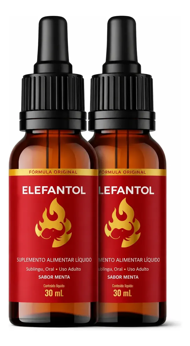 Frascos do suplemento Elefantol, suplemento alimentar liquido sabor menta em conta-gotas, uso sublingual masculino