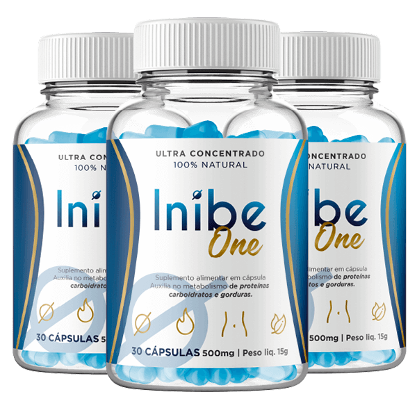 Kit com tres potes do suplemento Inibe One Turbo, capsulas azuis, foto real do produto do fabricante