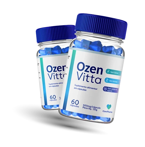 Dois potes do suplemento Ozenvitta com capsulas azuis visiveis, foto do produto do site oficial