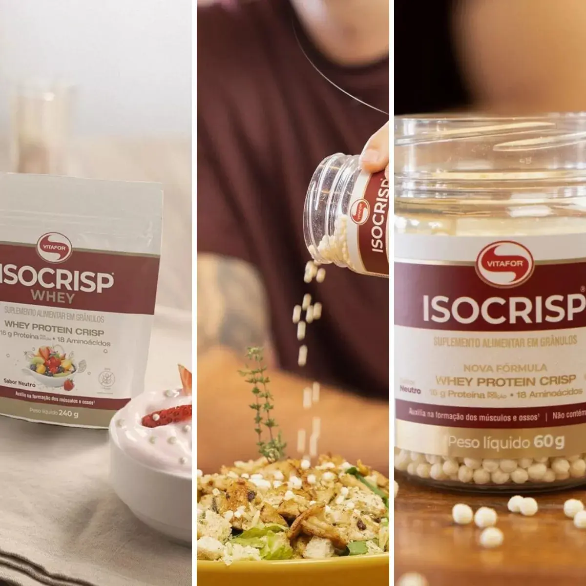 Pouch do Isocrisp Whey Vitafor com grânulos crocantes de proteína