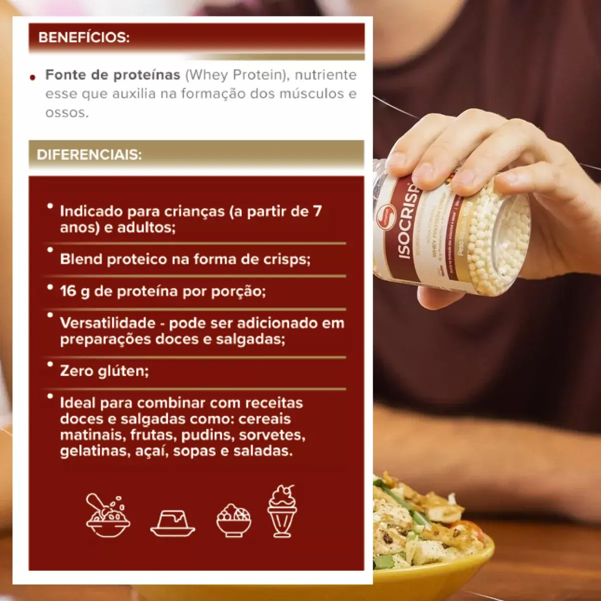 Embalagem do Isocrisp Whey Vitafor 240g, whey em grânulos pra polvilhar