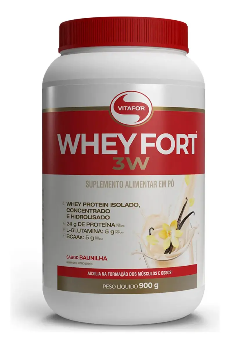 Whey Fort 3W Vitafor Baunilha 900g, embalagem do produto analisado neste review