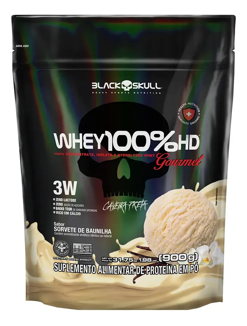 Whey 100% HD Gourmet Black Skull Baunilha 900g, vista lateral