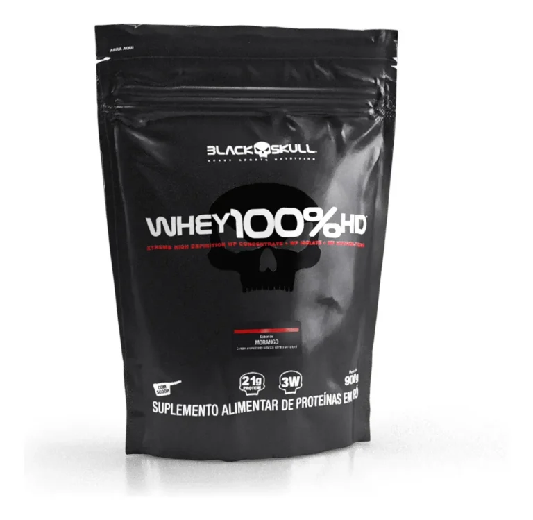 Whey 100 HD Black Skull é Bom? Análise Completa do Refil Morango Refil Whey 100% HD Black Skull sabor Morango 900g