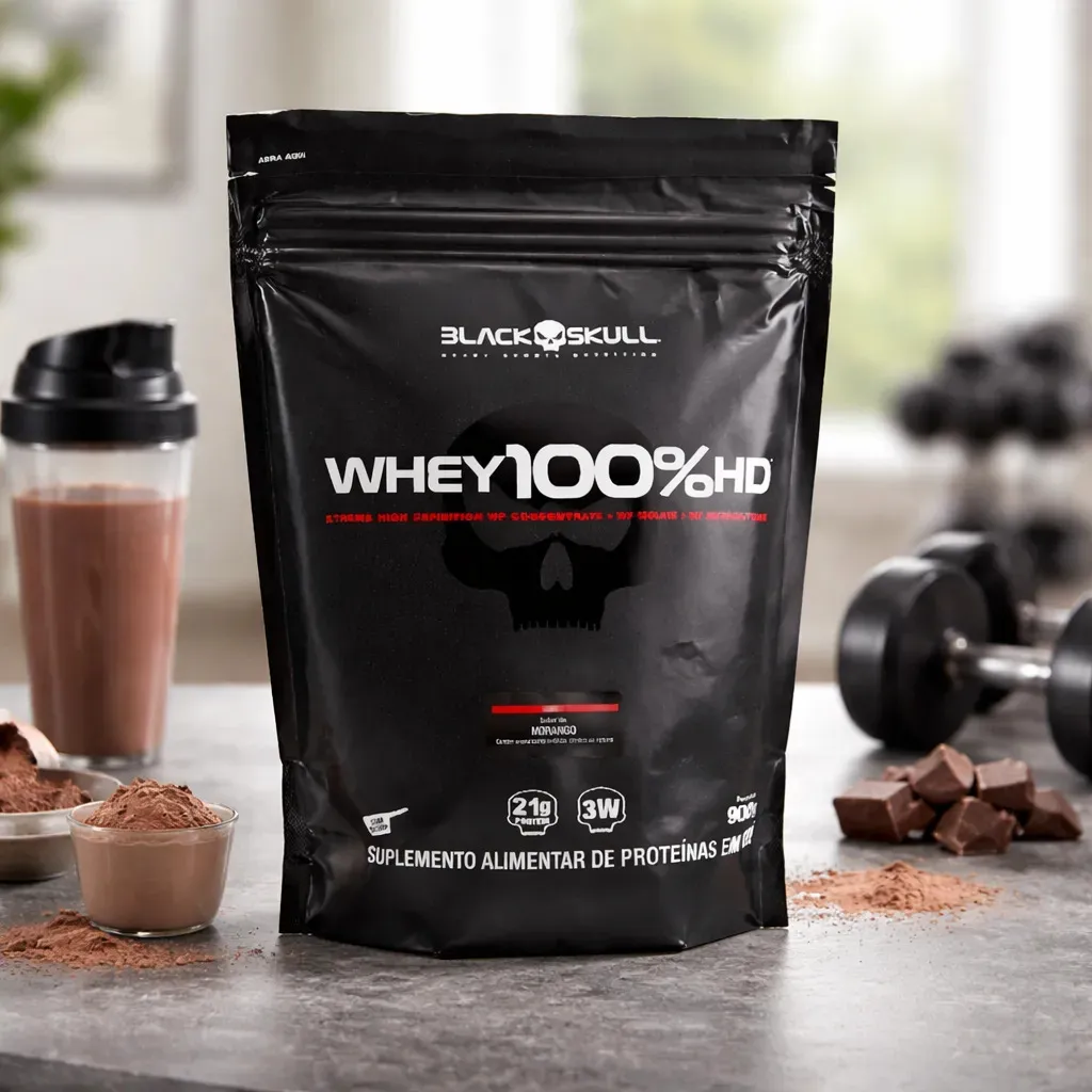 Whey 100% HD Black Skull Morango 900g, vista lateral