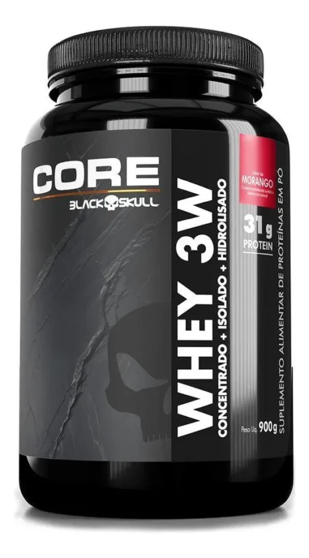 Embalagem do Whey Black Skull 3W Core Blend sabor Morango 900g